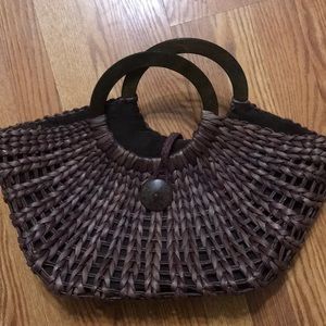 Braided basket bag with wood handles